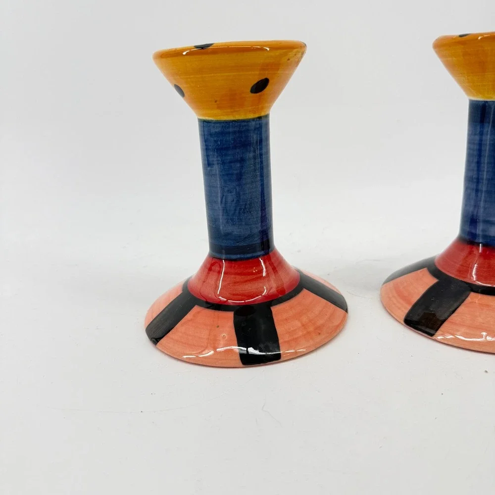 Vicki Carroll Candle Holders Pair OS Multicolor Hand Painted Studio Pottery 1997